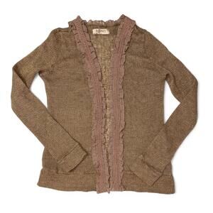 Romy Brown Pointelle Knit Open Cardigan Ruffle Accent Size Medium